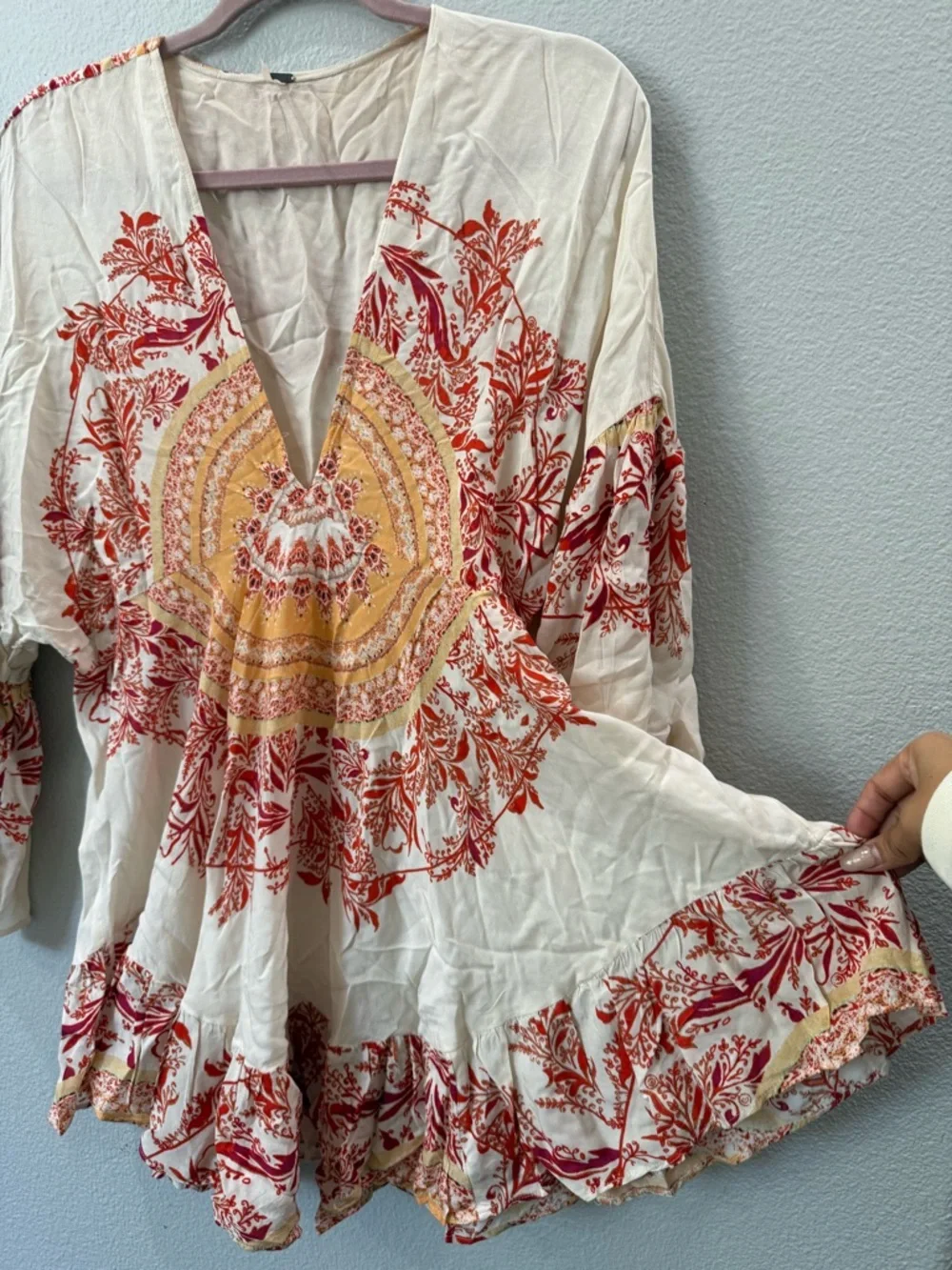 Free People Bohemian Ruffle Tunic Top Small Cream Red Festival Blouse - Picture 6 of 11